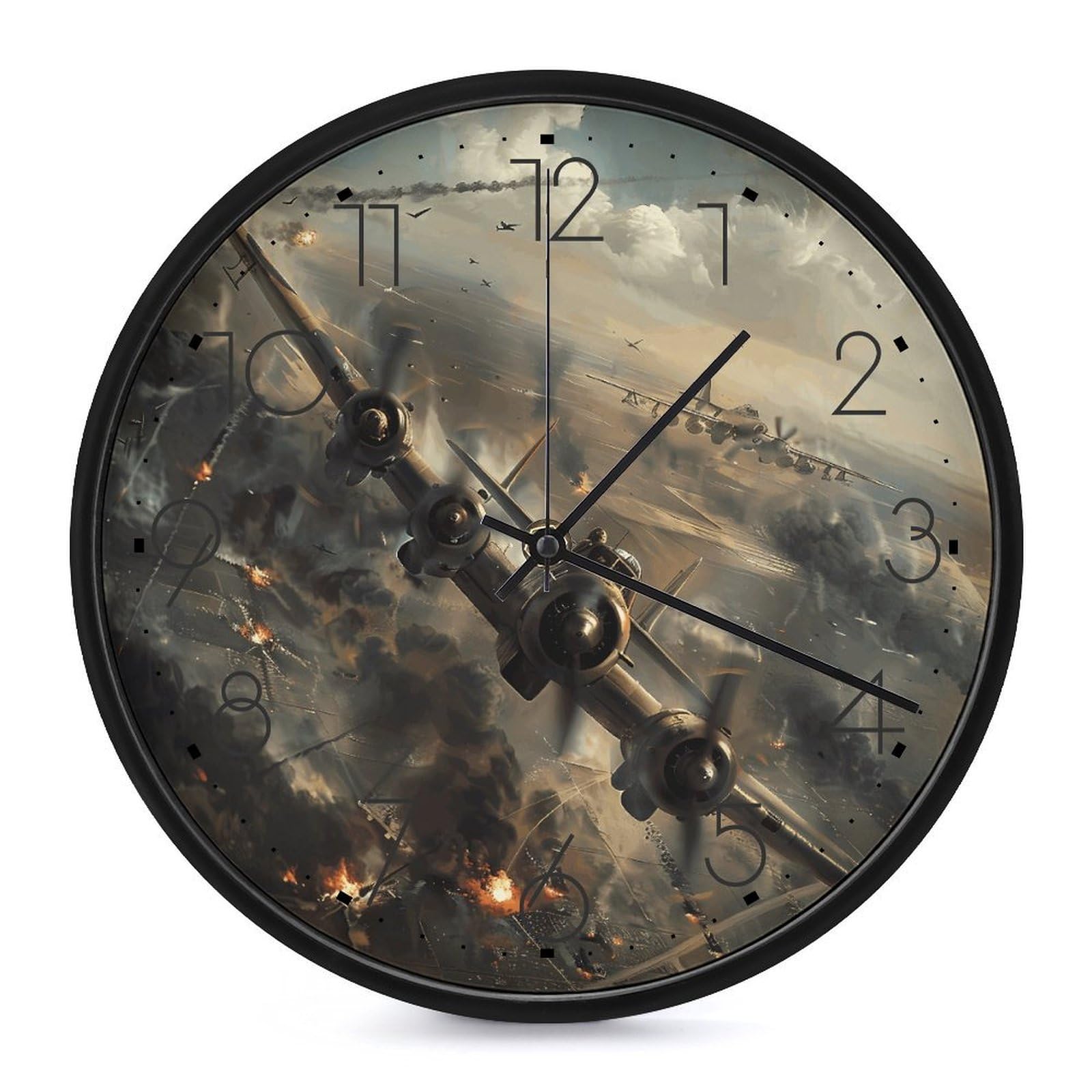 Horloge murale avion de guerre ronde et silencieuse de 25 cm