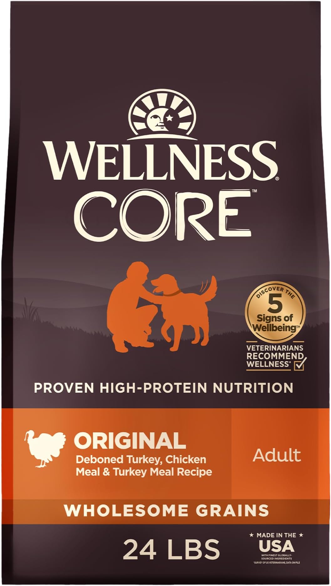 Wellness CORE Adult Dry Dog Food, Wholesome Grain Kibble, Natural, High Protein, Turkey and Chicken Recipe, 24 lb Bag