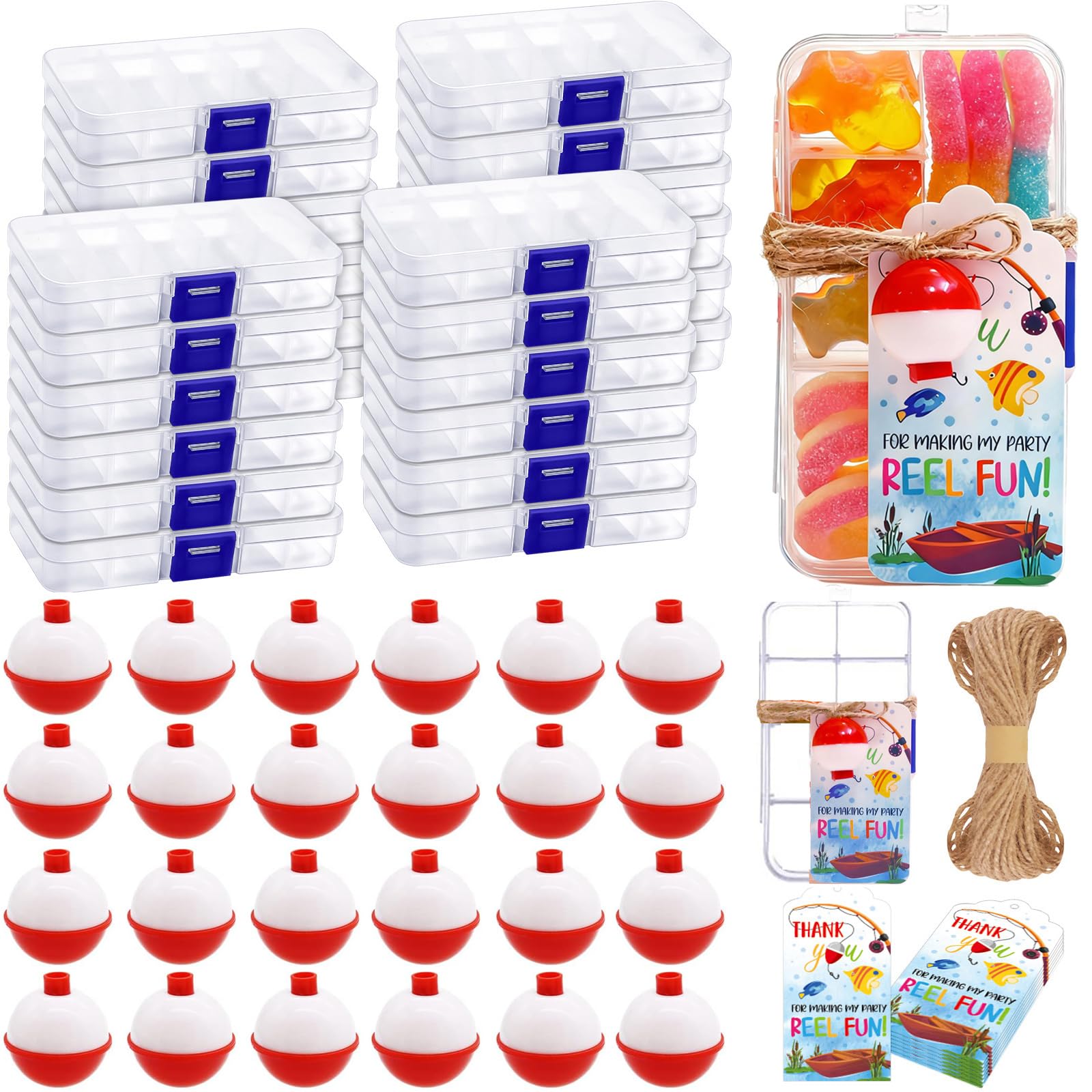 24 Set Fishing Candy Little Tackle Boxes for Birthday Party Favors with 24 Fishing Bobber 24 Thank You Cards for Making My Party Reel Fun Gone Fishing Theme Supplies Fishing