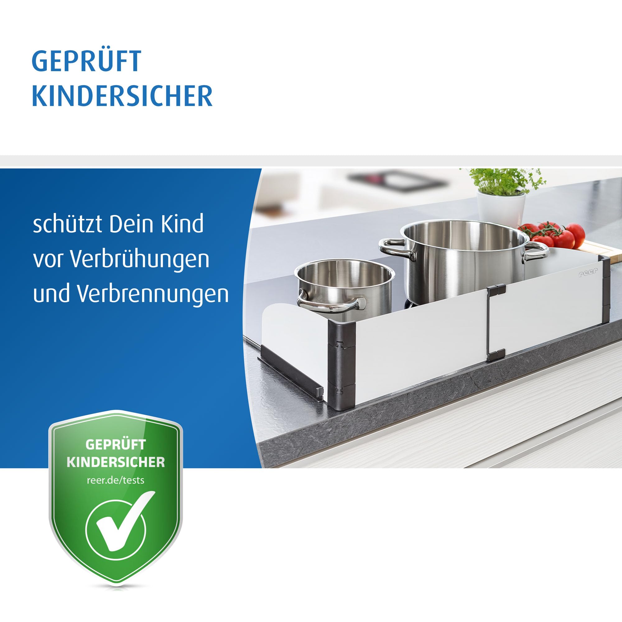 reer BASIC Herdschutzgitter | ausziehbar von 55 - 61 cm | Herdsicherung ohne Bohren | Herdgitter aus wärmeisolierendem Material | Kinder Herdschutz | Kindersicherung für Ceranfeld & Induktion