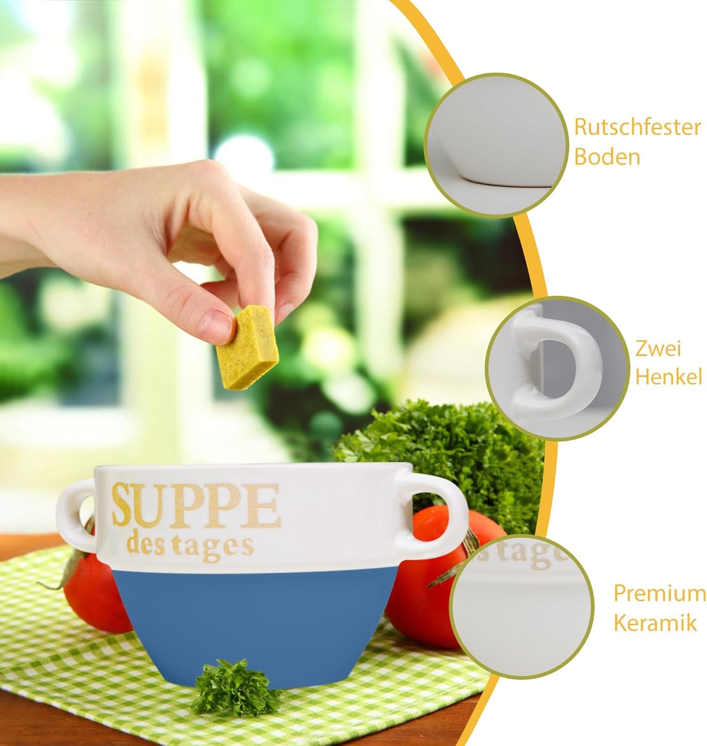 Riya 6er Set Suppentasse Blau aus Keramik Ø 13 cm mit Henkel – Hochwertige Suppenschale, Hitzebeständig und Leicht – Perfekt für Suppe, Eintöpfe & heiße Getränke – Stapelbar und Spülmaschinenfest