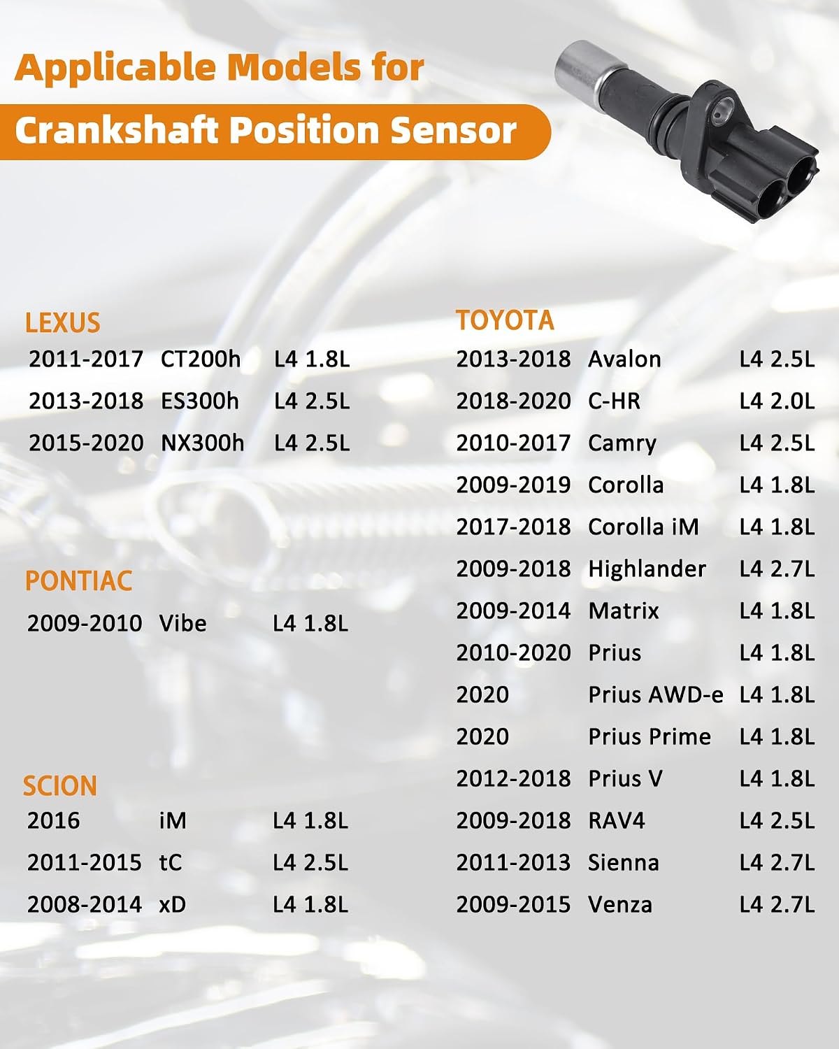 Engine Crankshaft Position Sensor 90919-05070 Compatible with Toyota Camry Corolla Highlander RAV4 Lexus CT200h ES300h NX300h Pontiac Vibe Scion iM tC xD L4 1.8L 2.5L 2.7L Replaces 90919-A5004 917-783