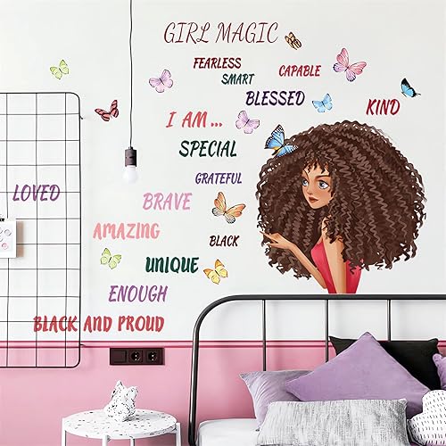 Miniatura 2 de Calcomanías inspiradoras de pared con diseño de mariposa de niña negra, sacinora con citas motivacionales, calcomanías de pared extraíbles de vinilo