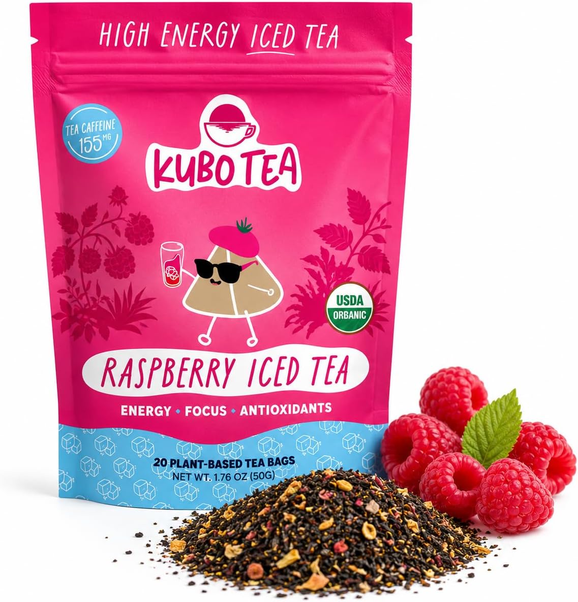 Organic High Energy Ice Tea, High Caffeine Blend, 20 Servings (155mg Caffeine each), Pillow Tea Bags, Kraft Packaging, Healthy Coffee Substitute (Raspberry)
