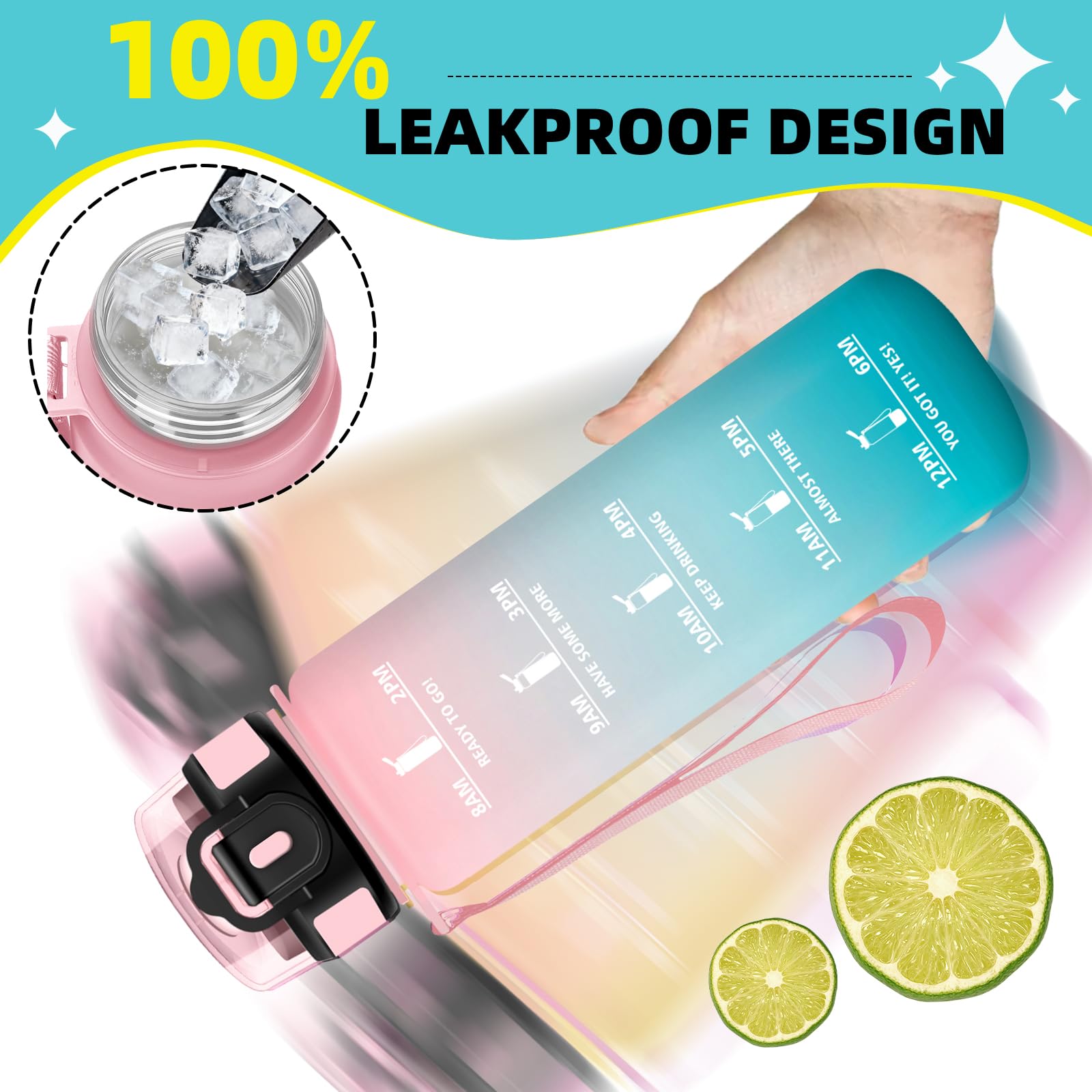 Botella Agua 1 litro, Botella Agua Gimnasio con Pajita, Diseño de Cerradura, Cantimplora, con Marcador de Tiempo, A Prueba de Fugas Cantimplora para Exteriores, Bicicleta, Gimnasio - 4