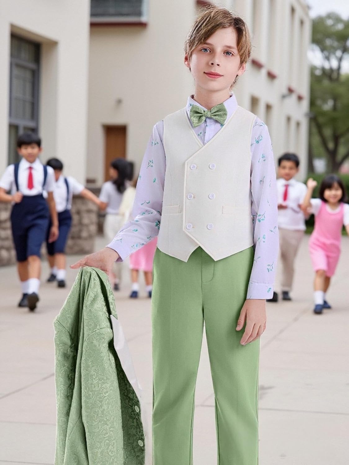 DISAUR Boys Dress Clothes 5-Piece Formal Suit Set, Vest, Pants, Dress Shirt, Bowtie and Boutonniere Kids Wedding Outfit
