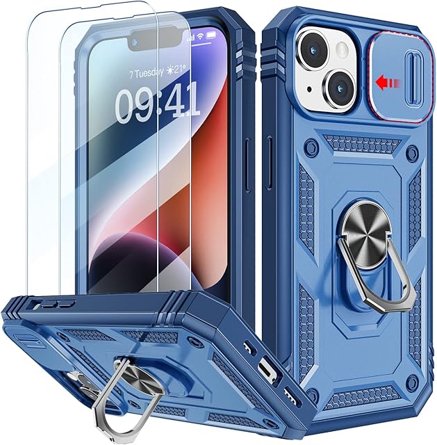 Tzomsze Case Designed for iPhone 14 6.1-Inch with Slide Camera Cover, Heavy Duty Protective Shockproof Case Cover with [Ring Holder Kickstand] & [2 x Glass Screen Protector] for iPhone 14 6.1'', Blue