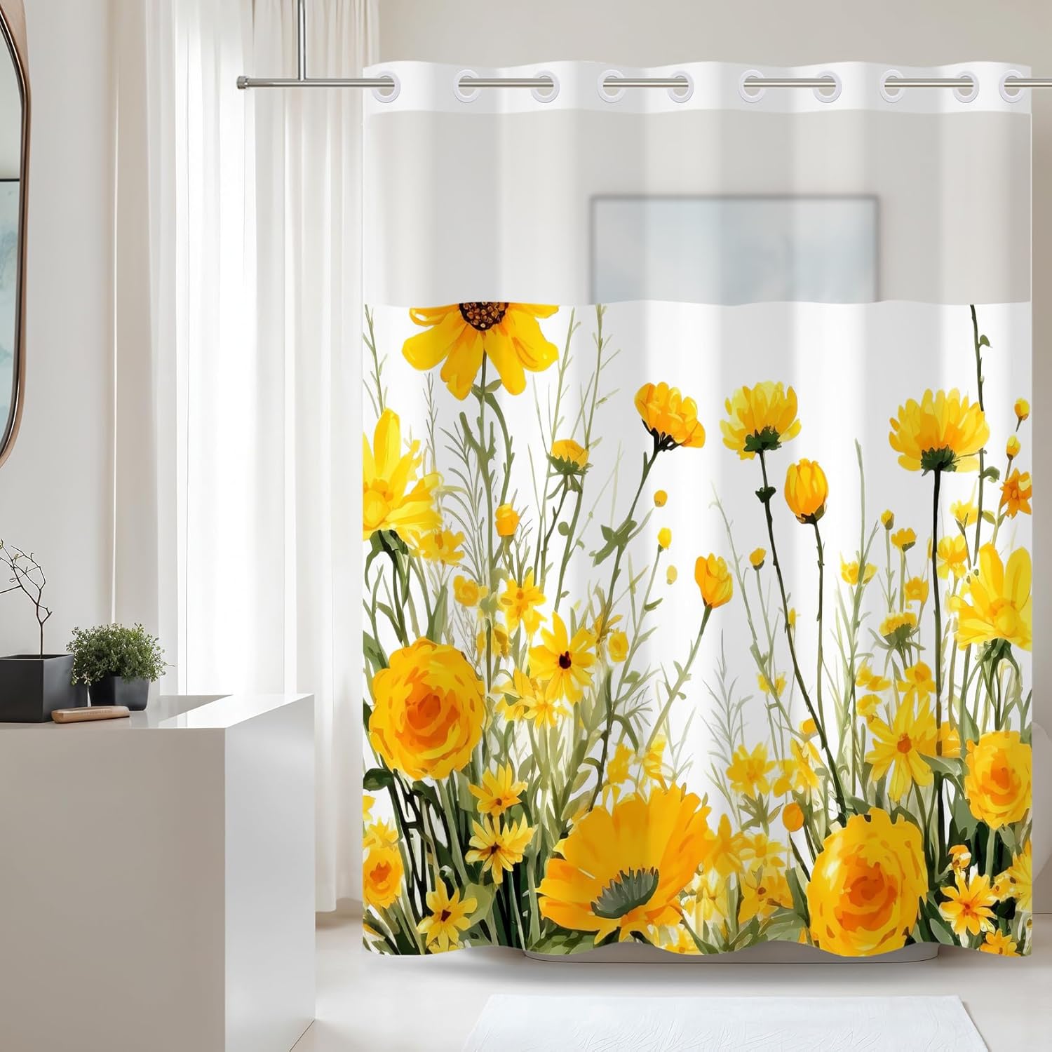 Baocicco No Hook Yellow Flowers Shower Curtains with Mesh Top Window Aesthetic Modern Fashion Modern Hotel Style Waterproof Fabric Polyester Curtains 71x71 Inch for Bathroom Decors