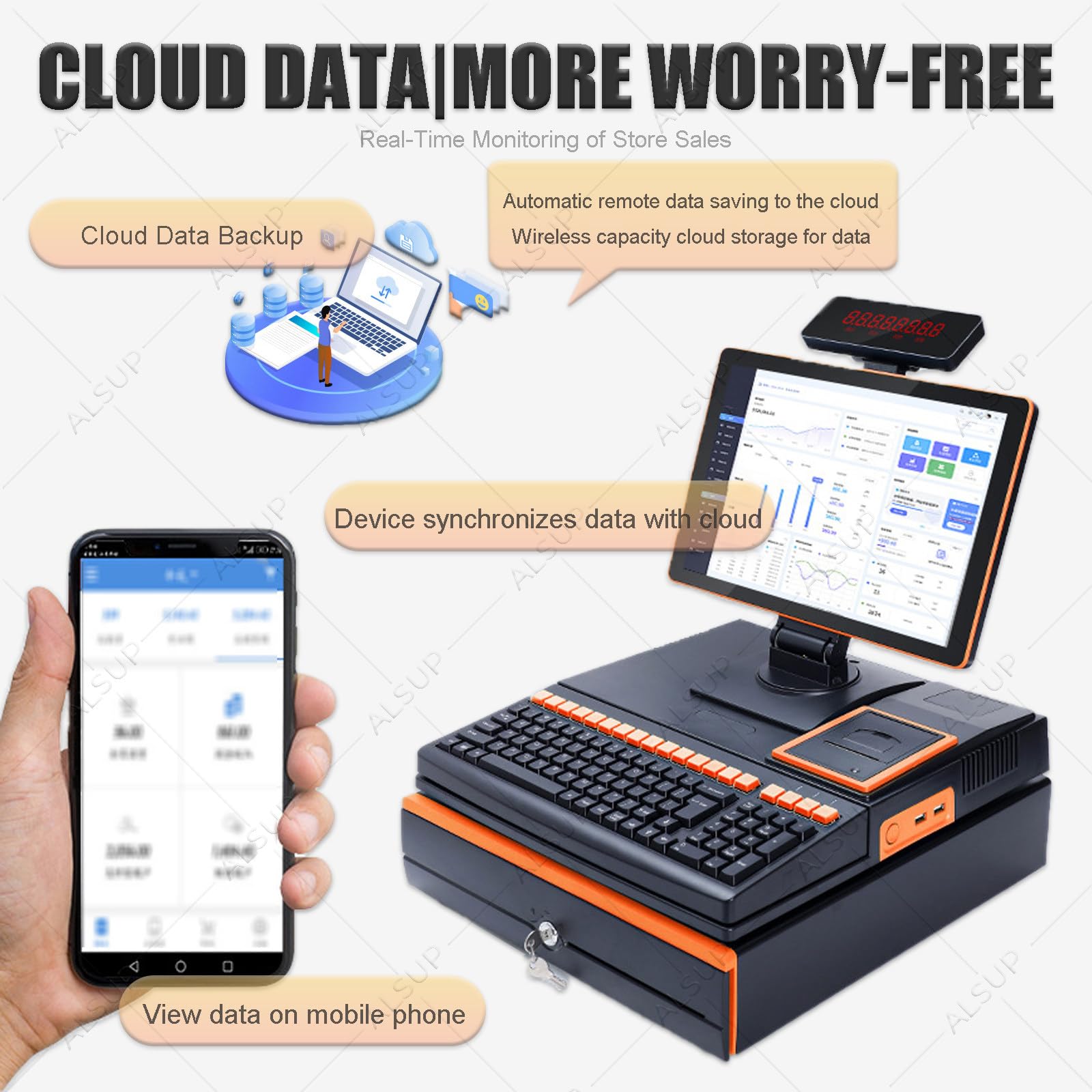 Terminal TPV para Comercio Minorista, Caja Registradora Todo en Uno con Pantalla Táctil, Cajón Portamonedas, Impresora 58mm y Escáner de Código de Barras Orange-8+256GB