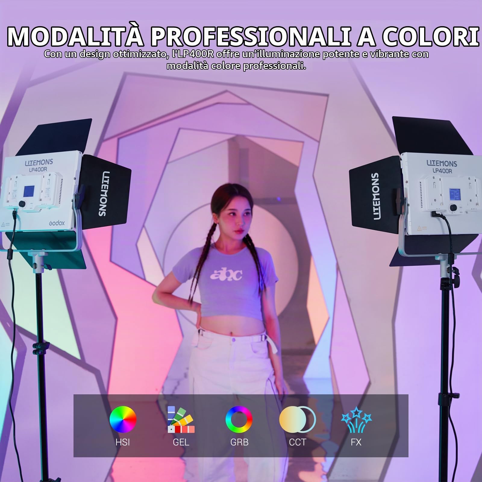 GODOX LITEMONS LP400R RGBW LED Video Light, CCT Bicolore Temperatura 1800K-10000K 36W Luce Pannello con Modalità HSI e Modalità GEL, 14 Effetti di Luce, Controllo APP di Supporto | CCT 1800K-10000K, CRI96+ TLCI96+, con Modalità HSI e Modalità GEL, 14 Effe