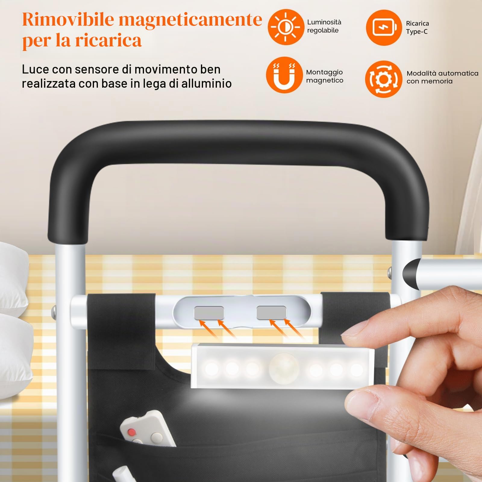 DePango Sponde per letto di sicurezza per anziani, altezza regolabile, con luce di movimento notturna, per anziani, in acciaio al carbonio, per letto matrimoniale king size (in attesa di brevetto)