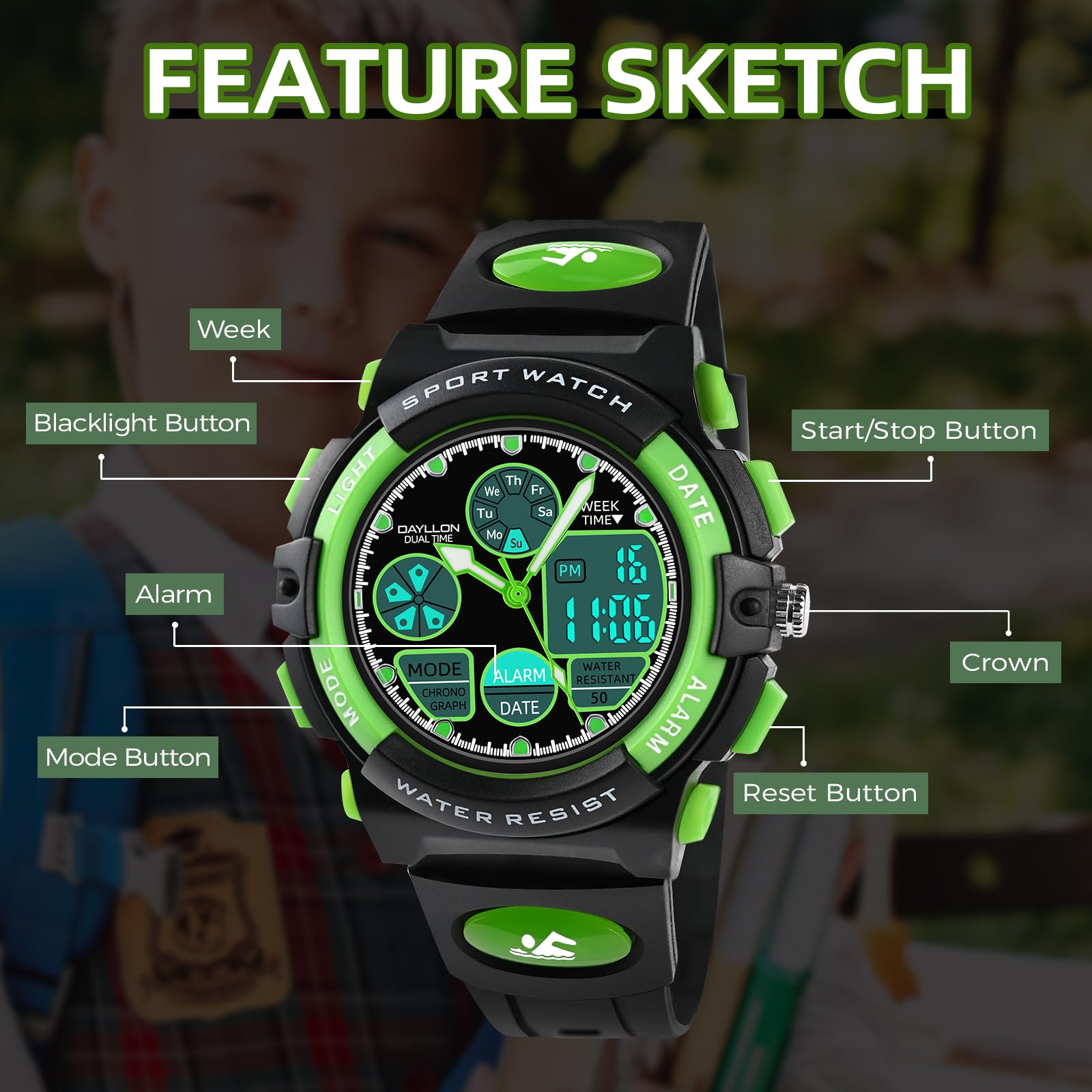 Dayllon Orologi per bambini, ragazzi età 5-15, orologio analogico digitale per bambini, verde, Verde