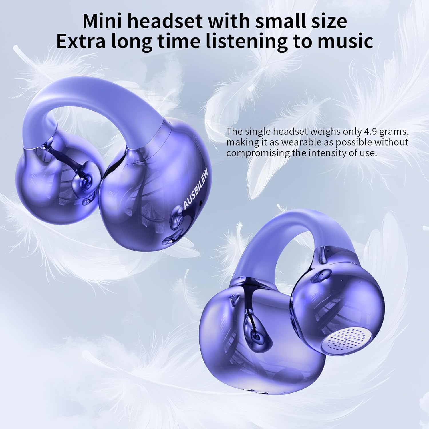 Ausbilew M55 Earbuds with text 'Mini headset with small size Extra long time listening to music' and 'The single headset weighs only 4.9 grams'