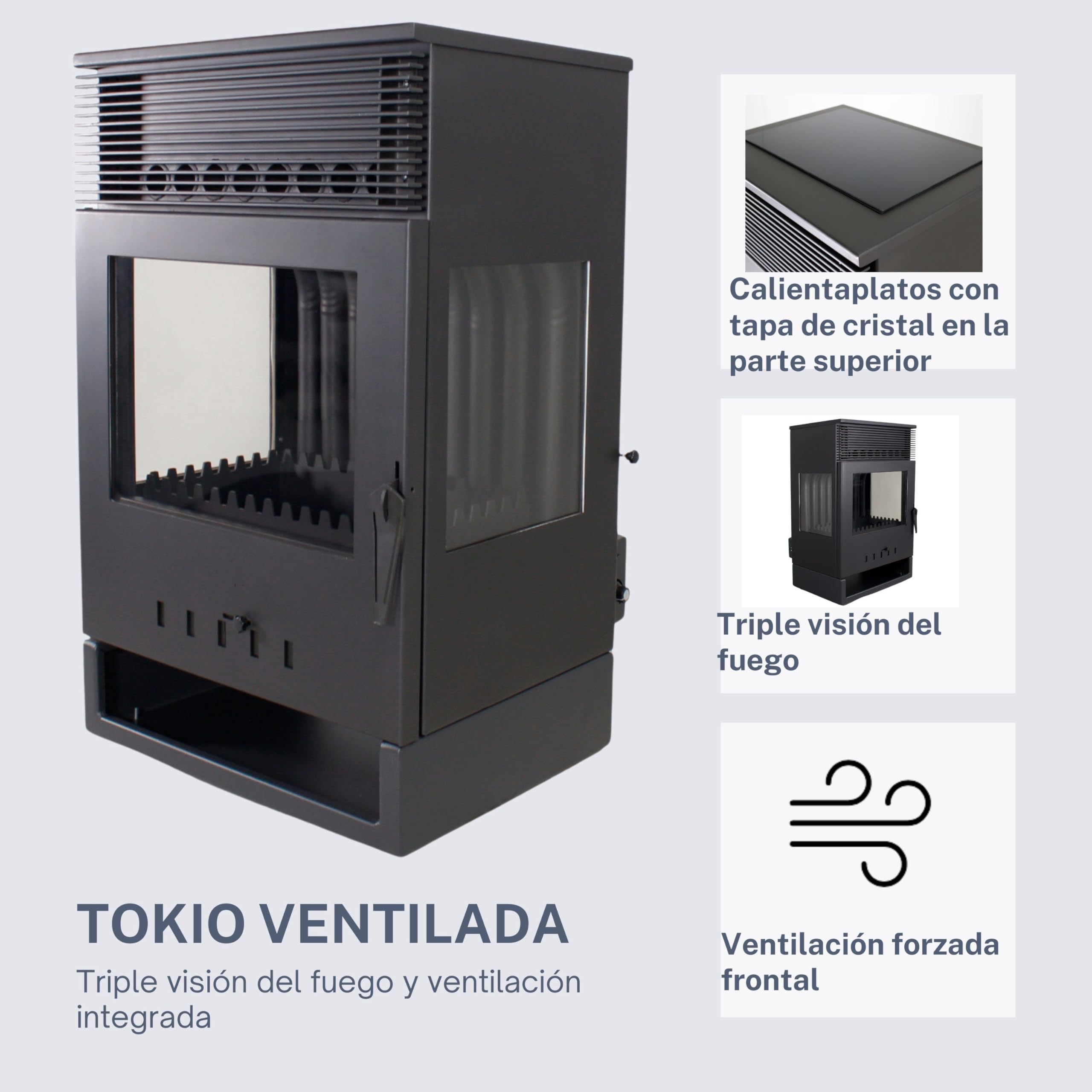 EIDER BIOMASA Estufa de Leña TOKIO VENTILADA – 12,85 kW – Rendimiento 85,6% – Hasta 230.0 m³ – Doble Combustión – Certificada CE