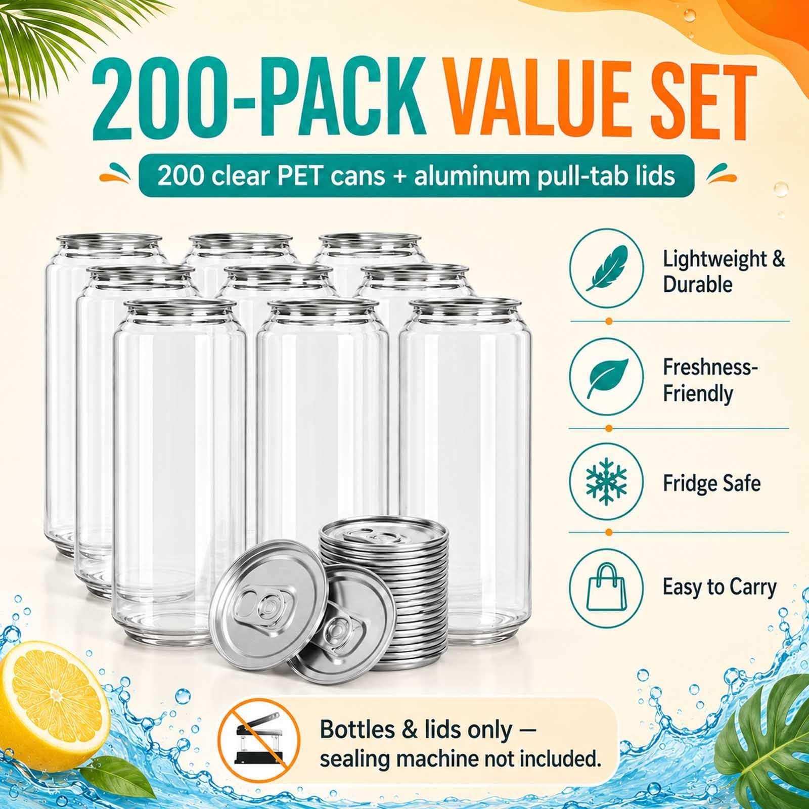 Pack De 200 Latas De Plástico Pet Transparente con Tapas, Vasos Sellables para Máquina Selladora De Latas, Recipientes Vacíos para Bebidas, Jugo,Té con Leche,Café Helado 330ml