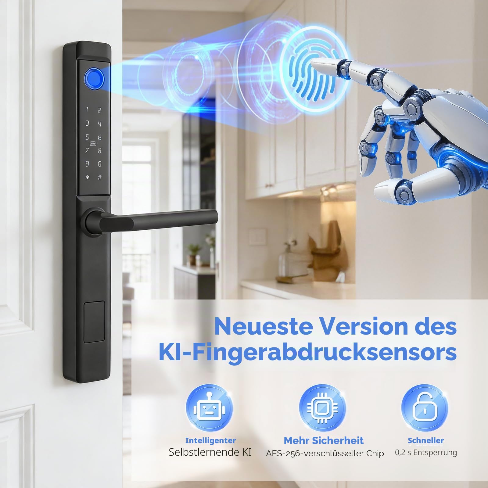 Smart-Türschloss Fingerabdruck-Türschloss, Intelligentes Haustürschloss mit Griff & Touch-Tastatur, Semiconductor-Fingerabdruck, RFID/APP/Code/Fernbedienung, für Aluminium-Holz-Vorhänge