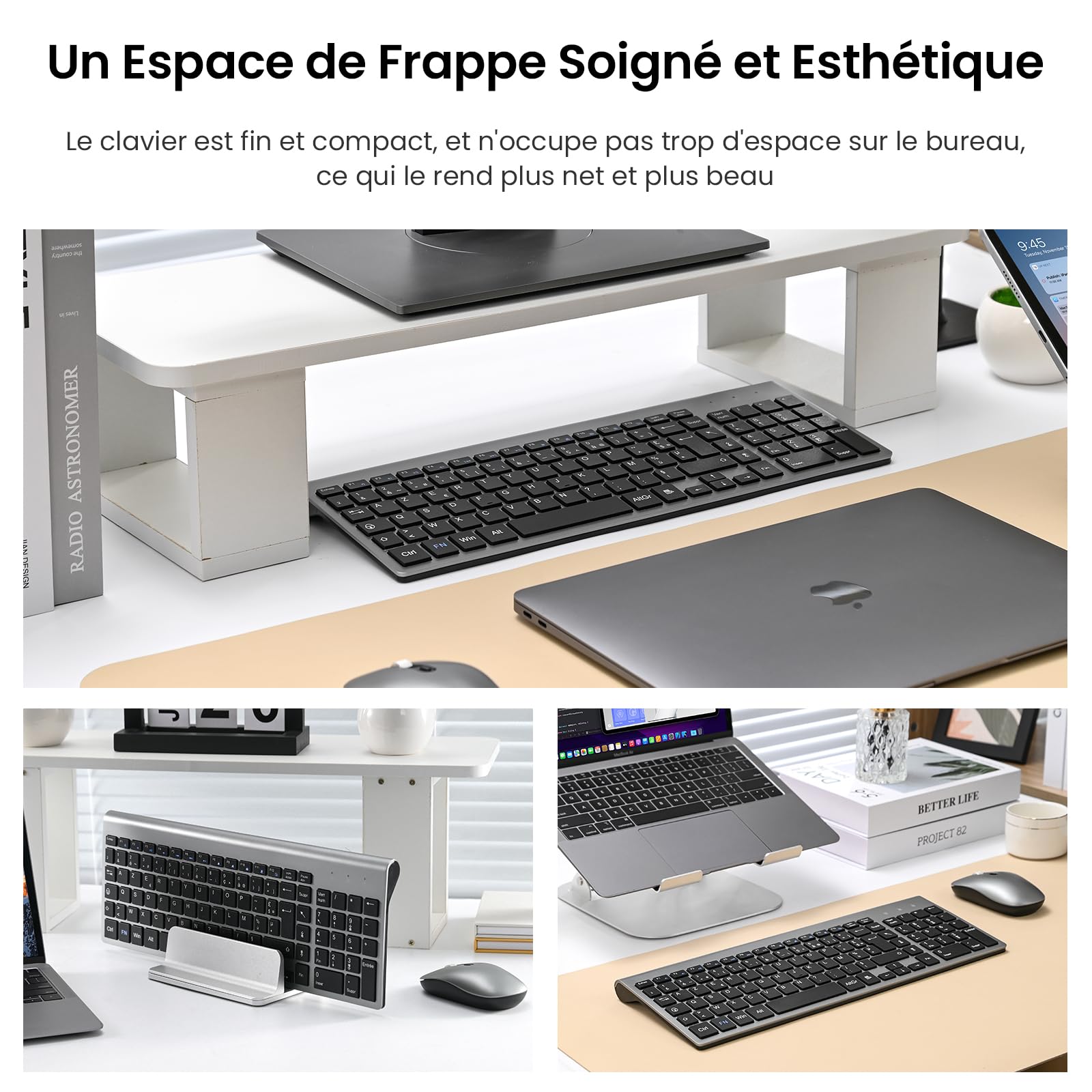 Ensemble Clavier et Souris sans Fil, cimetech Claiver AZERTY Français, Combo Clavier et Souris, Set Silencieux avec Récepteur Nano USB 2.4GHz, Compatible avec Windows/MacOS, Windows PC Laptop - Gris