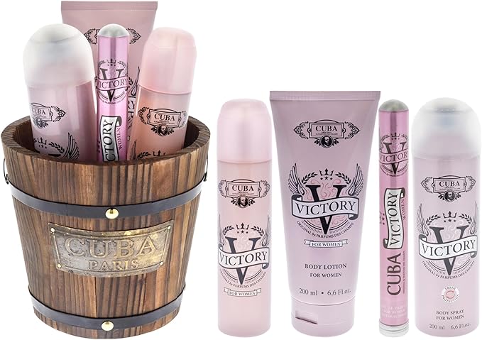 Cuba Victory by Cuba for Women - 4 Pc Gift Set 3.3oz EDP Spray, 1.17oz EDP Spray, 6.6oz Body Spray, 6.6oz Body Lotion