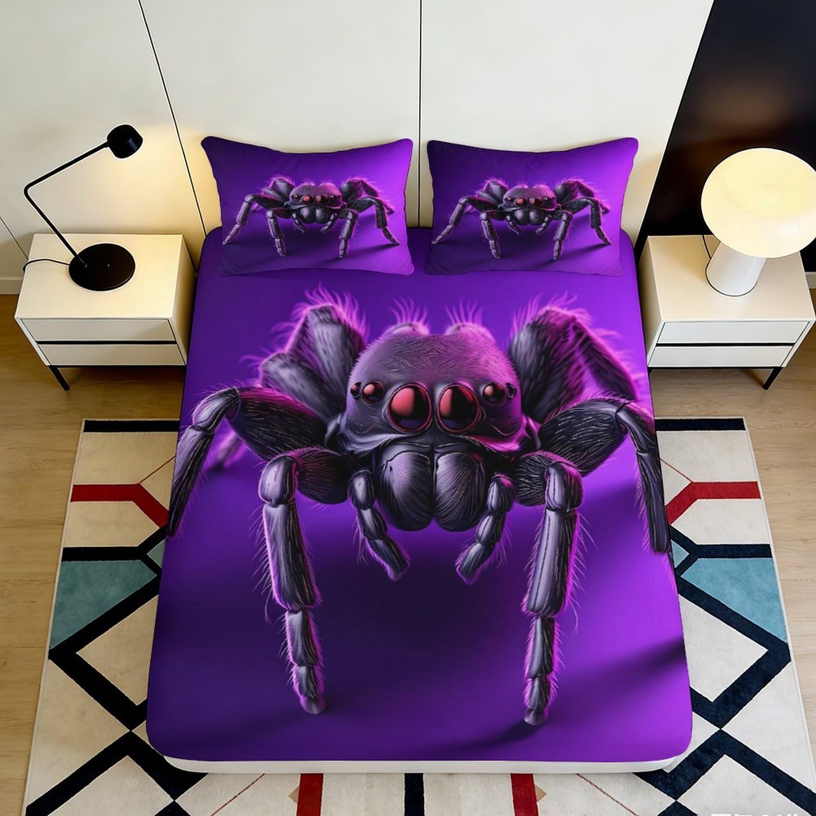 3D Printed Giant Spider Fitted Sheet Microfiber Purple Bed Cover for Bedroom Guest Room Dorm Mattress Protection Decor 90x200x25cm