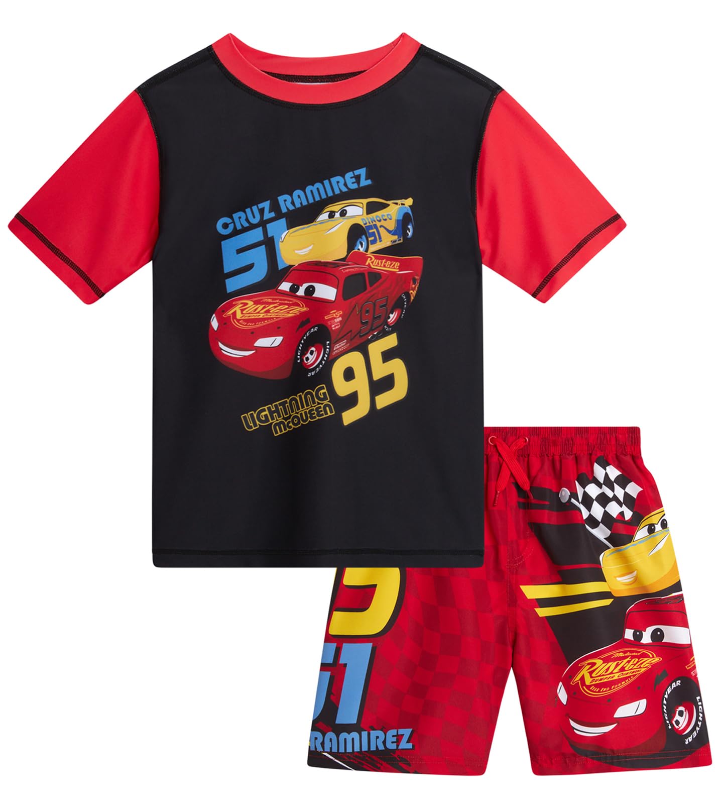 Disney Boys Rash Guard Set - 2 Piece Mickey Mouse Cars Lighting McQueen Buzz Lightyear Lilo and Stitch Boys Swim Set