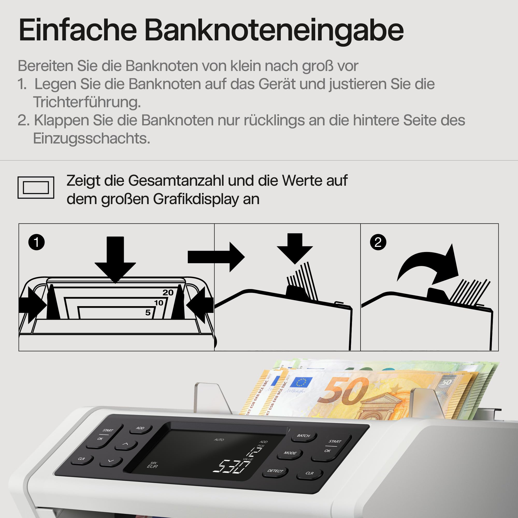 Safescan 2265 Geldzählmaschine, Wertzählung für gemischte EUR- und GBP-Banknoten - Banknotenzähler mit 6-facher Echtheitsprüfung - zählt sortierte Banknoten aller Währungen