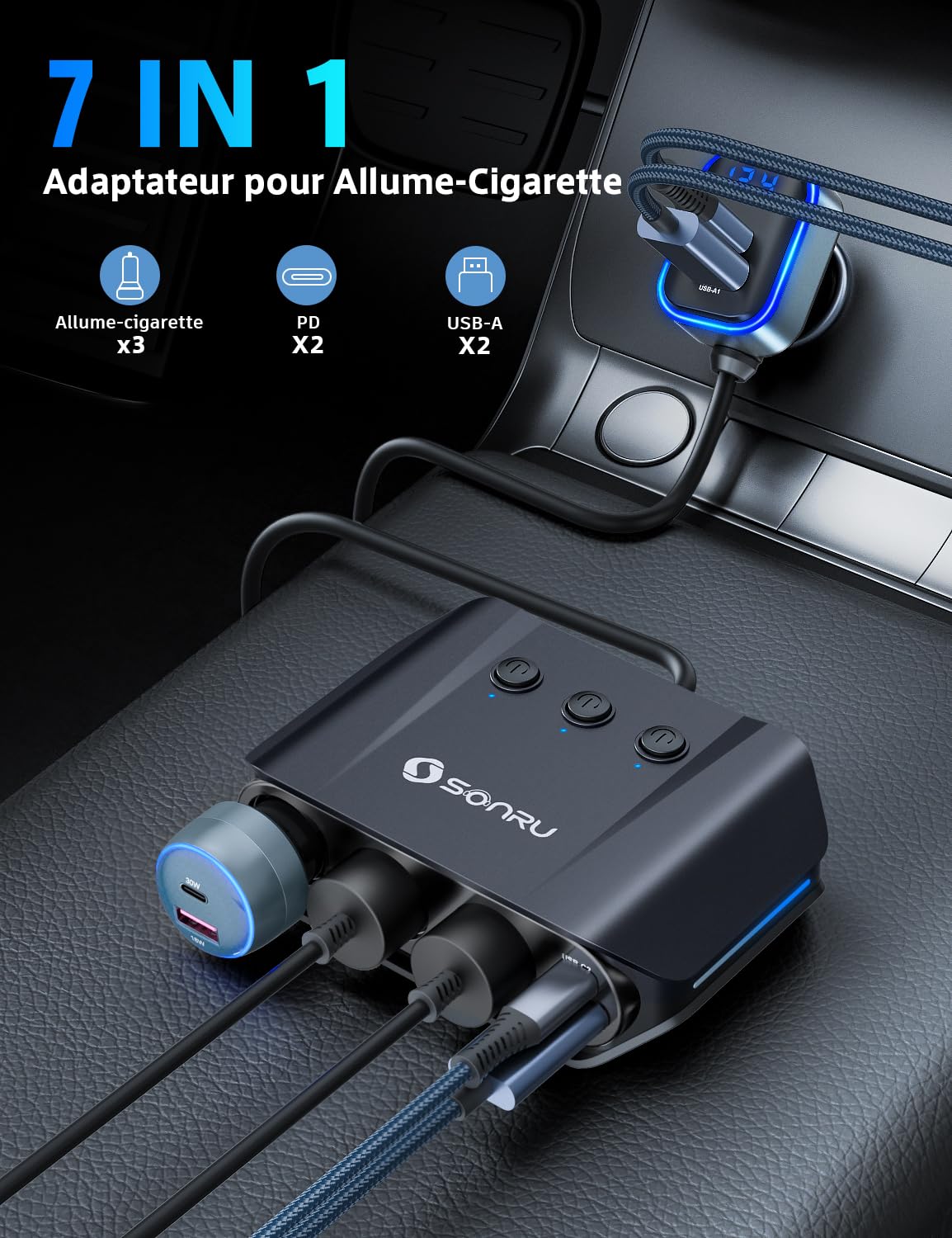 SONRU 7-en-1 Multi Prise Chargeur Allume Cigare, 180W【Dual PD & Quick Charge 3.0】 12V/24V Chargeur Voiture USB, Charge Rapide Chargeur, Affichage du Tension par LED pour Tablette/Phone/GPS