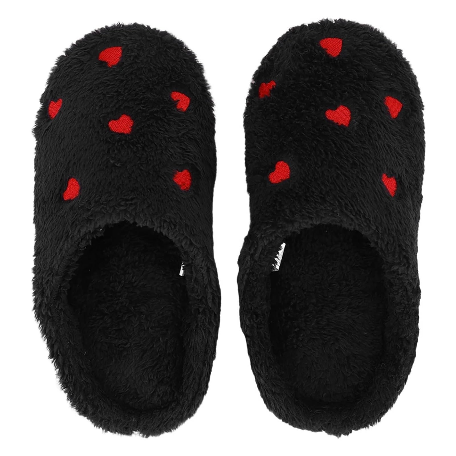ERHTGUO Plush Heart Slippers Comfortable Slip-on House Shoes Breathable Flat Thermal Fluffy Love For Indoor Bedroom(Black,38-39)
