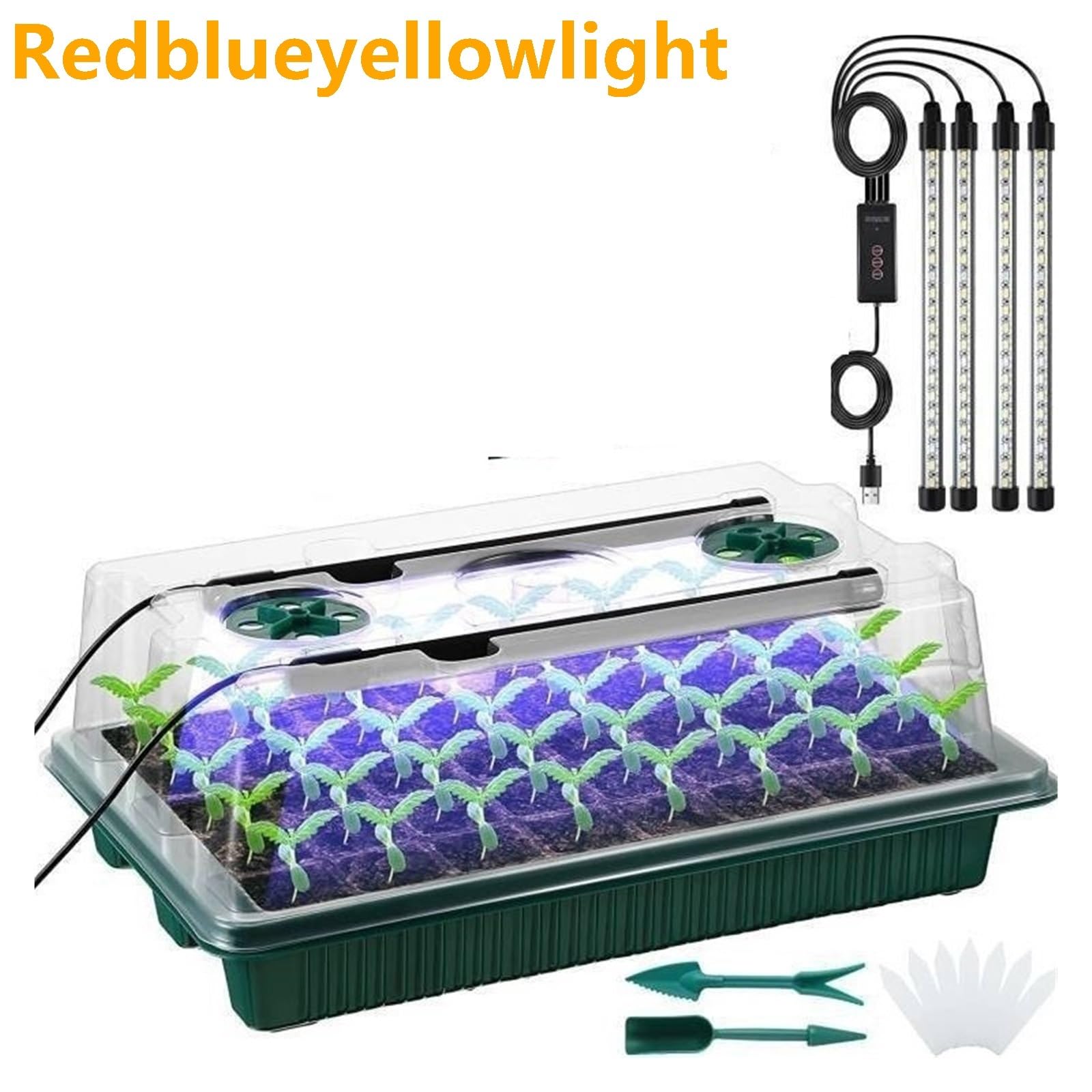 Grow Light, 2 paquetes de bandejas de inicio de semillas con kit de germinación de cúpula alta: 80 celdas, 4 luces LED de cultivo, temporizador inteligente y 3 modos for jardinería doméstica(Red blue