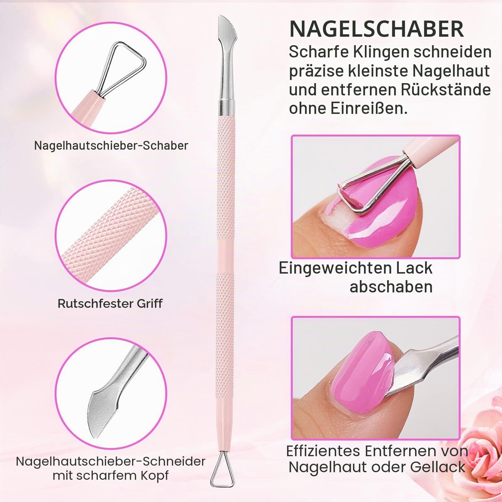 Makartt Nagelhautzange mit nagelhautentferner - 3 Pcs Rosa Cuticle Remover Tool, Professionelle nagelhautschere set mit Edelstahl-Nagelhaut Trimmer, Doppelend Nagelhautschieber und Nagelschaber