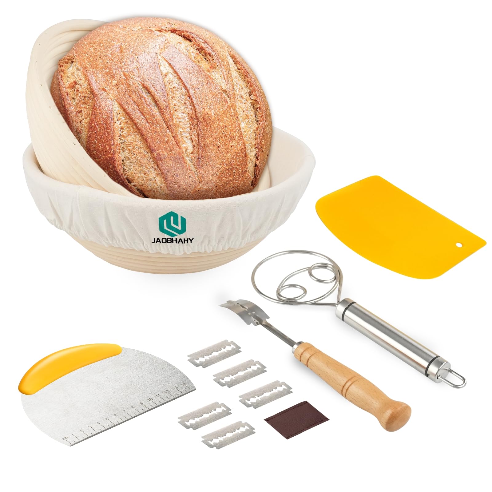 Banneton - Set Di 2 Cestini Rotondi Per Lievitazione Pane In Rattan Con Fodere, Raschietto E Lama Per Incidere - 2