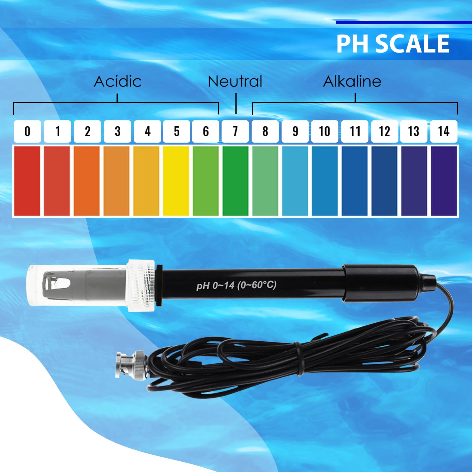 Electrodo de pH con sonda intercambiable, cable 300 cm, rango 0-14 pH, conector BNC, polvo calibración