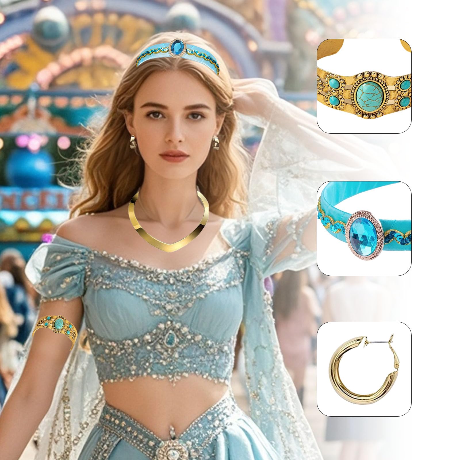 Lufdegim 4 Pieces Suits for Women Princess Clothing Princess Suit Blue Headband Tiara Cosplay Halloween Carnival, blue, One size - Image 3