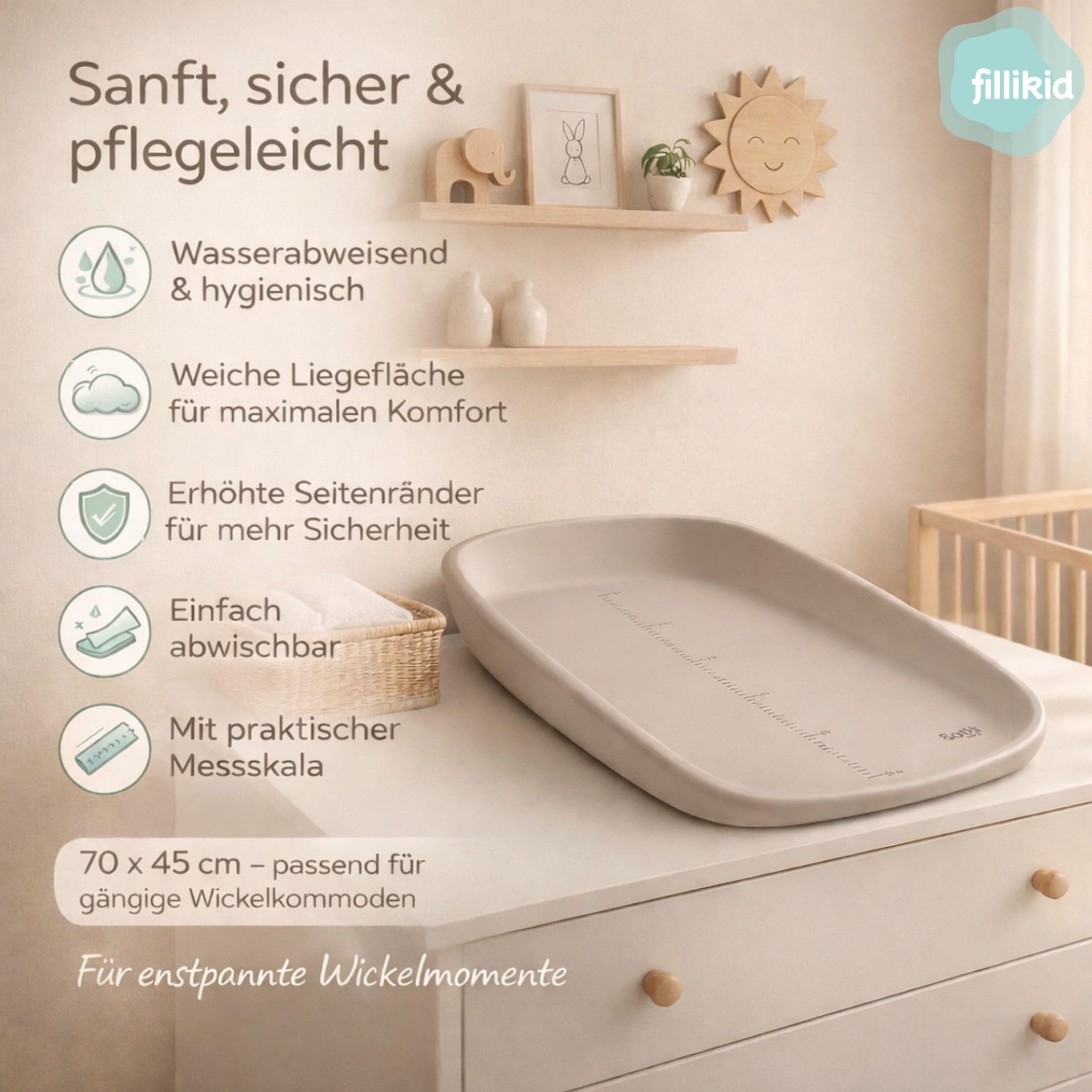 Fillikid Wickelmulde Soft Care Exklusiv 72x45 cm | Abwaschbare Wickelauflage aus EVA | Weiche Liegefläche mit erhöhtem Rand | Pflegeleicht & hygienisch | Modernes Design für Babyzimmer, ab Geburt