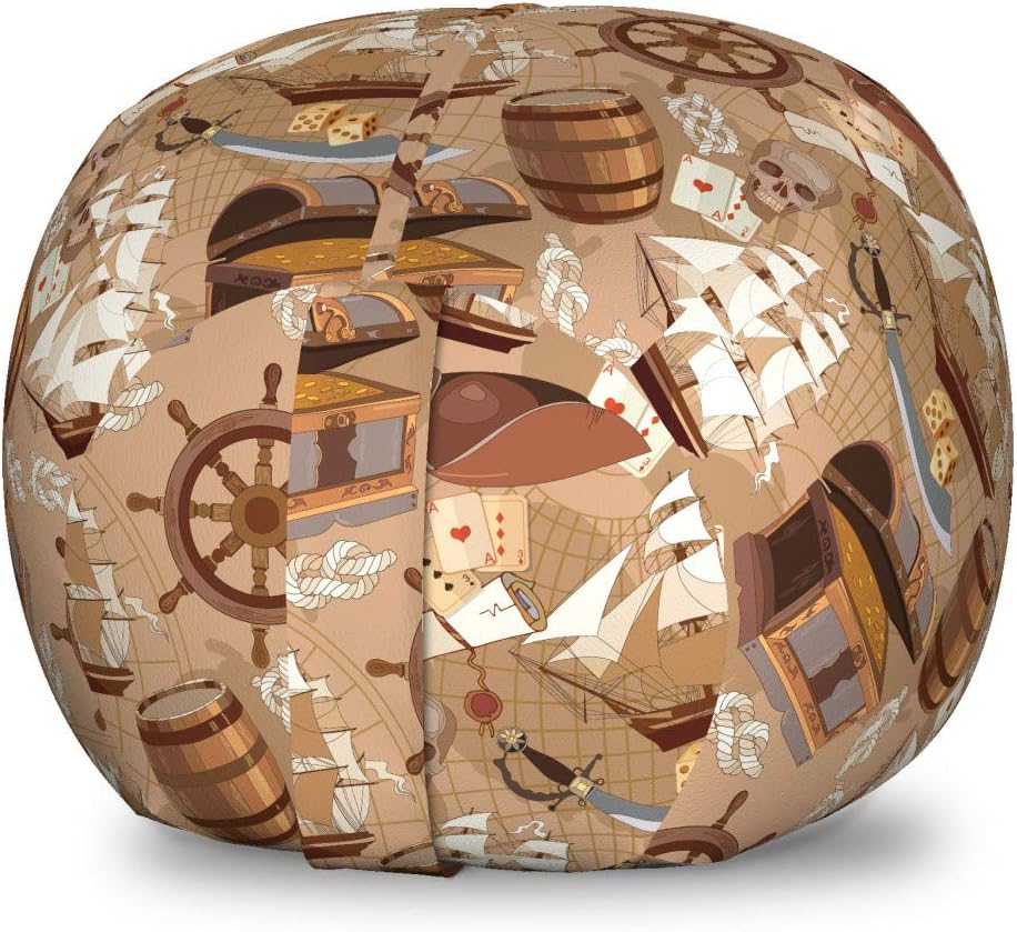 Ambesonne Pirates Storage Toy Bag Chair, Scroll Old Pirate Treasure Map Pattern Adventure Stories Concept, Stuffed Animal Organizer Washable Bag, Small Size, Pale Brown White Grey