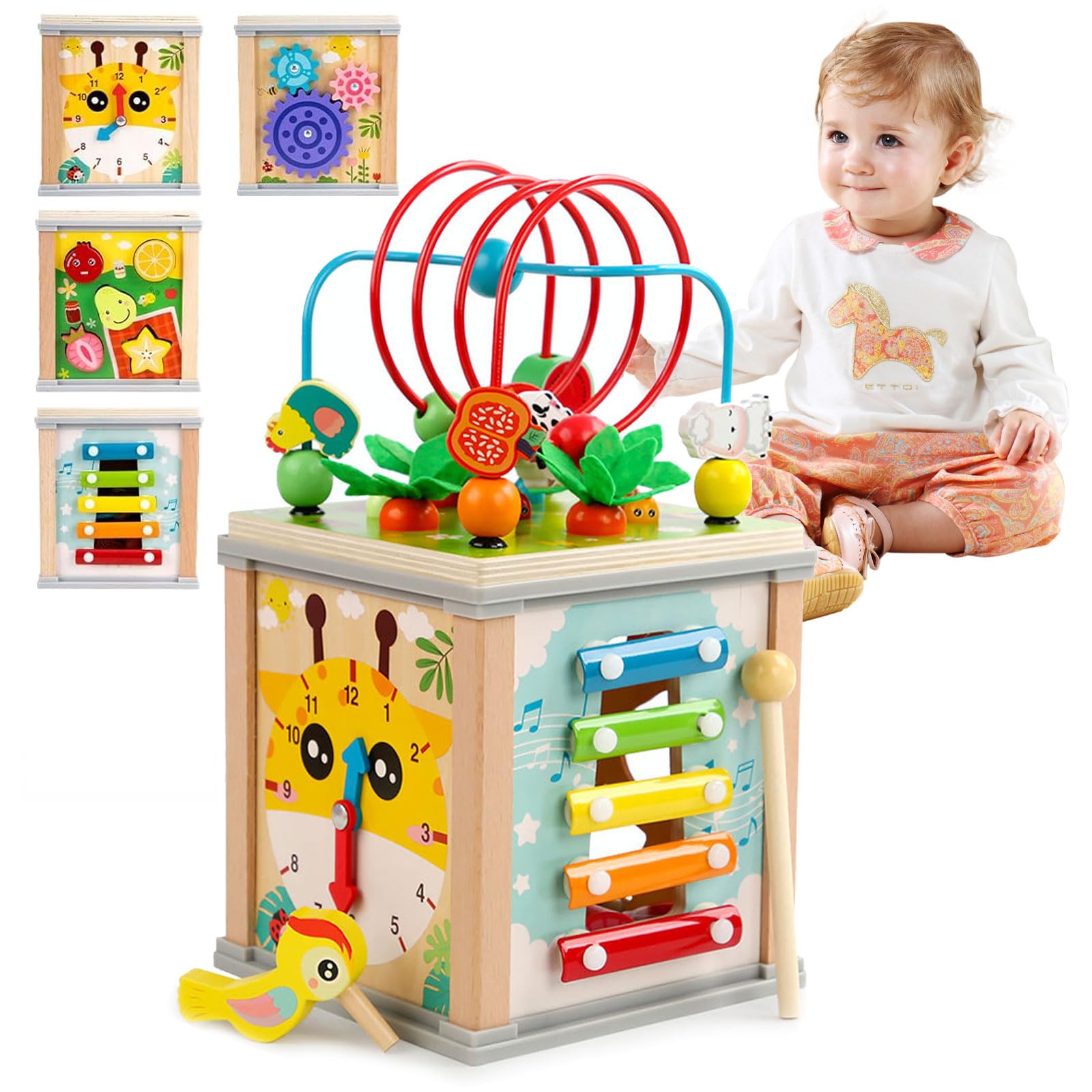 Goviox Cubo Actividades Bebe 10 en 1, Cubo de Habilidades Motoras de Madera para Bebés, Cubo de Actividades Tablero de Apilamiento, Cubo de Habilidades para Niños y Niñas de 2 3 4 Años