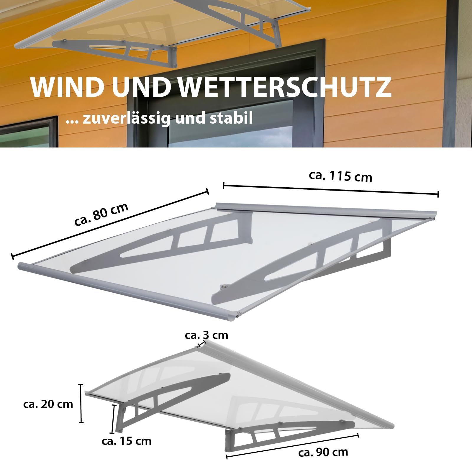 TRUTZHOLM Vordach für Haustür aus Aluminium und Polycarbonat 115 x 80 cm Haustürvordach Pultvordach Türdach Türvordach Haustür Dach