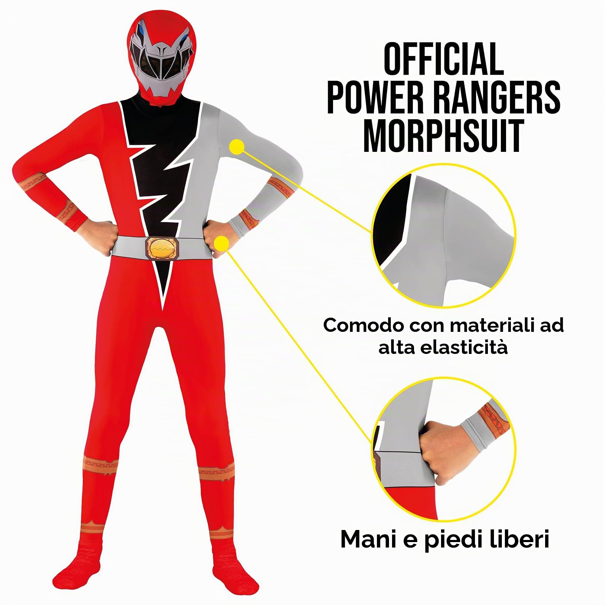 Morphsuits Costume Power Rangers Bambino, Tuta Halloween Bambino | Tuta Intera Rossa Aderente, Design Rosso Dino Fury, Chiusura con Zip, Perfetto per Halloween, Ideale per il Cosplay