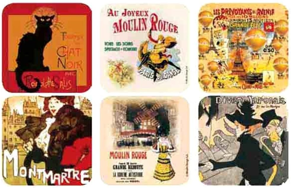 70729 Various Set of 6 Paris Chat Noir Coasters Wood/Cork