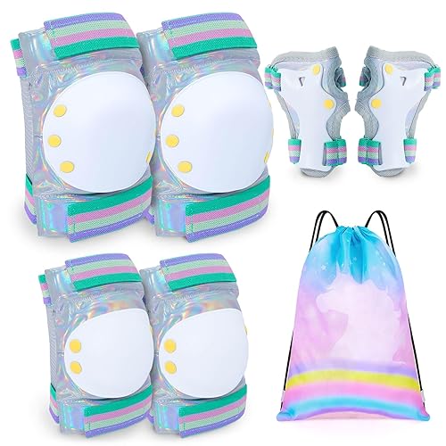 Bienbee Rodilleras para niños, rodilleras y coderas para niños con bolsa de tela láser, rodilleras y coderas para niños de 8 a 14 años para