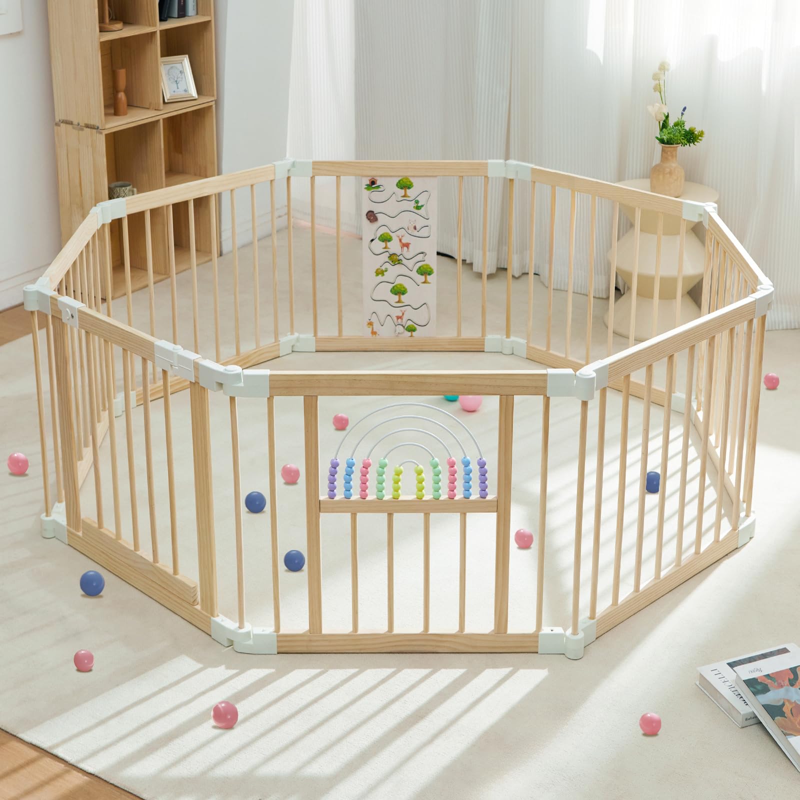 YZNVCG Baby Playpen - Adjustable Multi-Shape Wooden Play Yard, Portable Collapsible Activity Center with Baby Fence Play Area & Toys for Infants, Toddlers (54x54x24inch