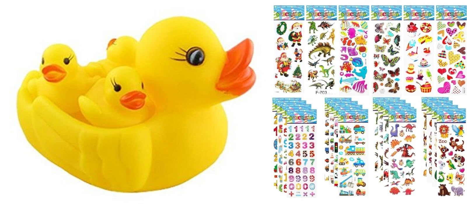 Duck Bathing Toy with 2 Sticker Sheets Combo | 1 Duck Family Bath Toy (4-in-1) + 2 Assorted Kids Sticker Sheets | Bath & Creative Activity Toy | Birthday Return Gift for Kids-image-6