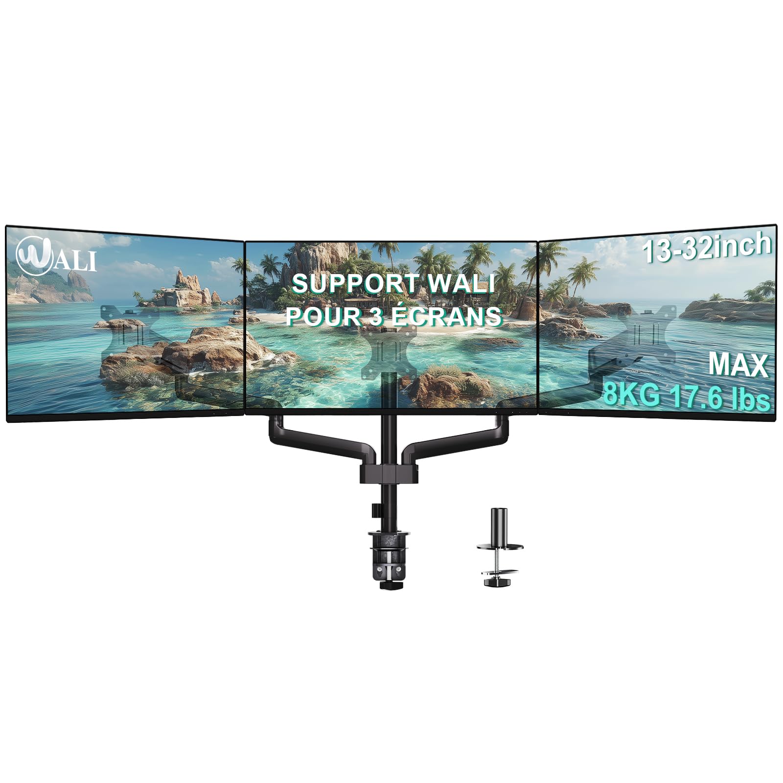 WALI Support Écran PC 3 Écran,Bras Écran PC pour Écrans Jusqu'À 32 Pouces,Pied Écran Réglable en Hauteur, VESA 75 Et 100mm,Capacité De Charge 8kg (GSDM003),Noir
