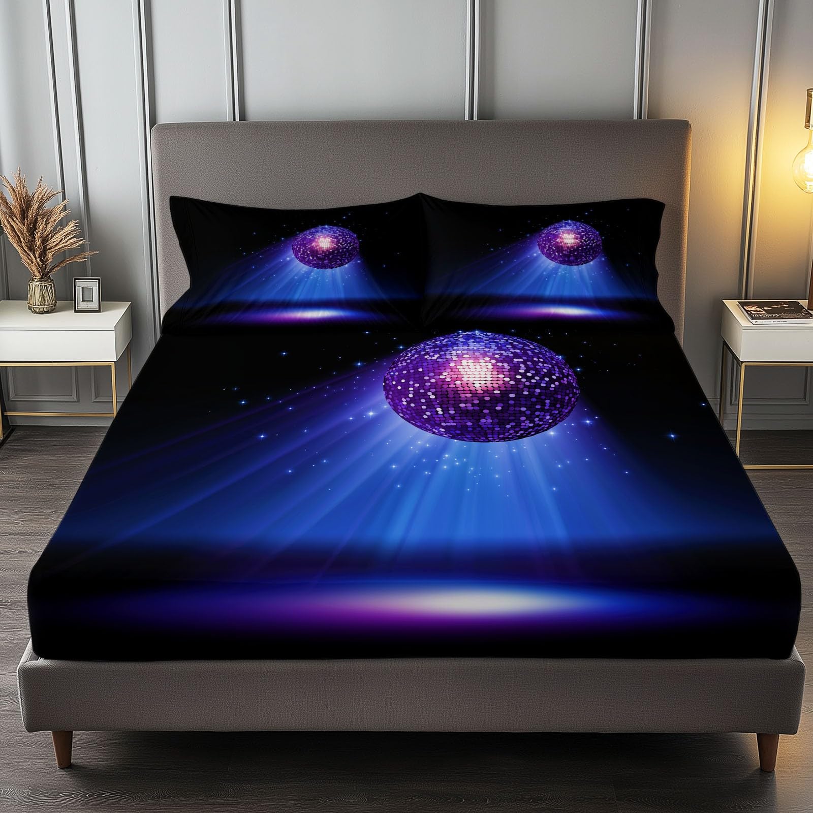 Sábana Bajera Impresas de Microfibra Suave Bola De Discoteca Minimalista con Luz Suave Cómoda Transpirable Tela, Elástico en el Borde Bolsillo Profundo 30cm, 180 x 200 cm, Negro