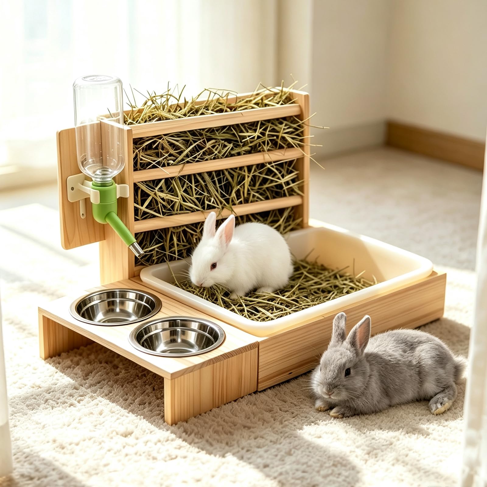 Kaninchen Heu Feeder mit 2 Näpfen, 4 in 1 Heuraufe Kaninchen | mit Hasentoilette, Holz Futterspender mit Trinkflasche für Kaninchen, Meerschweinchen, Hamster, Chinchilla, Hasen Zubehör