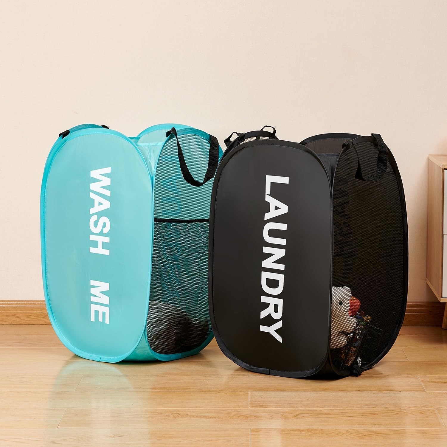 Laundry Collapsible Mesh Laundry Hamper, Pop Up Storage Basket for Clothes, 13.78 * 14.57 * 23.23 Inches, Portable with Handles.Easy to Open and Fold 2 Pack(black and blue)