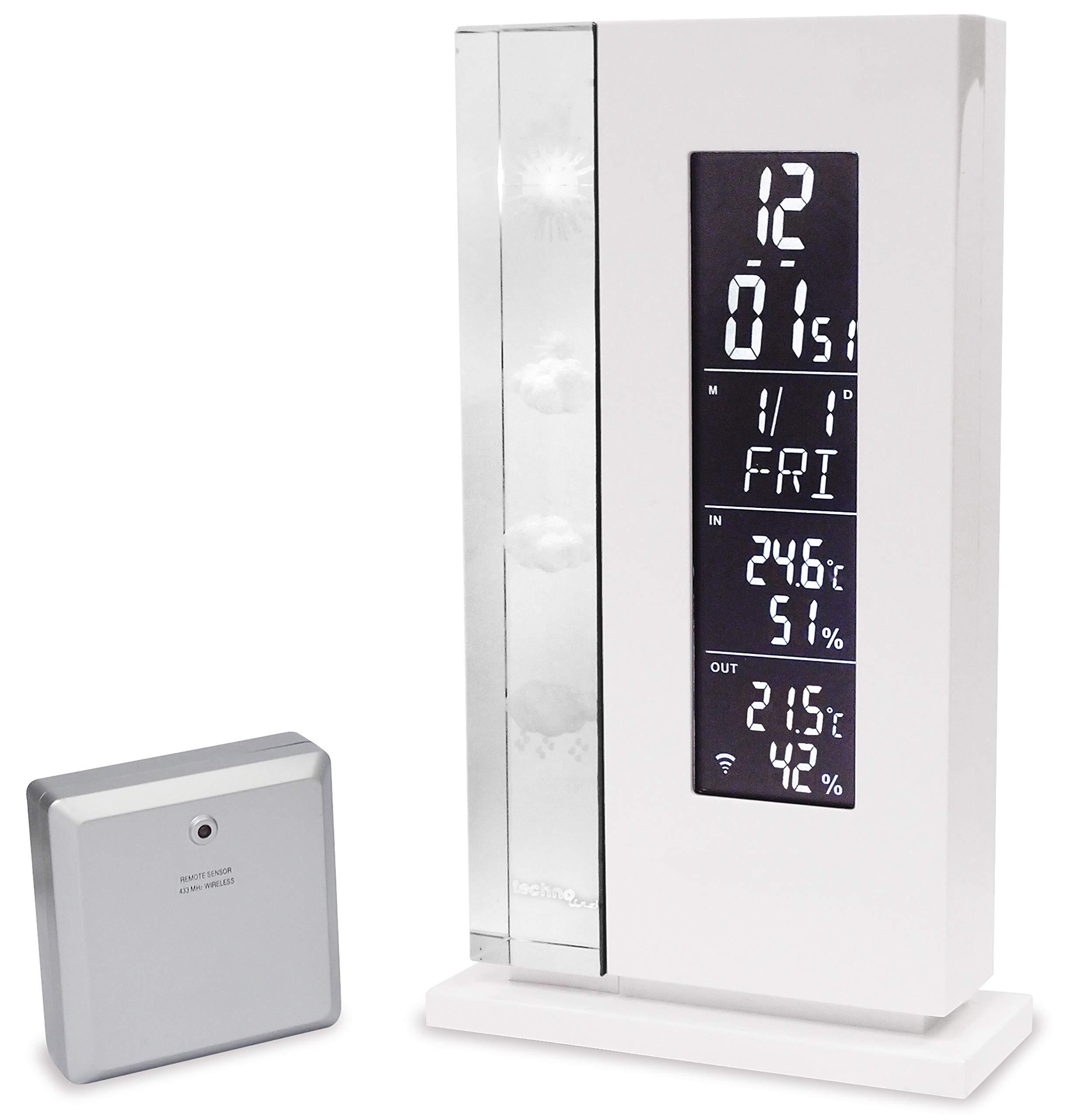Wetterstation WS 6600 mit Vorhersage von Wettersituation durch in Glas gelaserte 3D-Wettersymbole