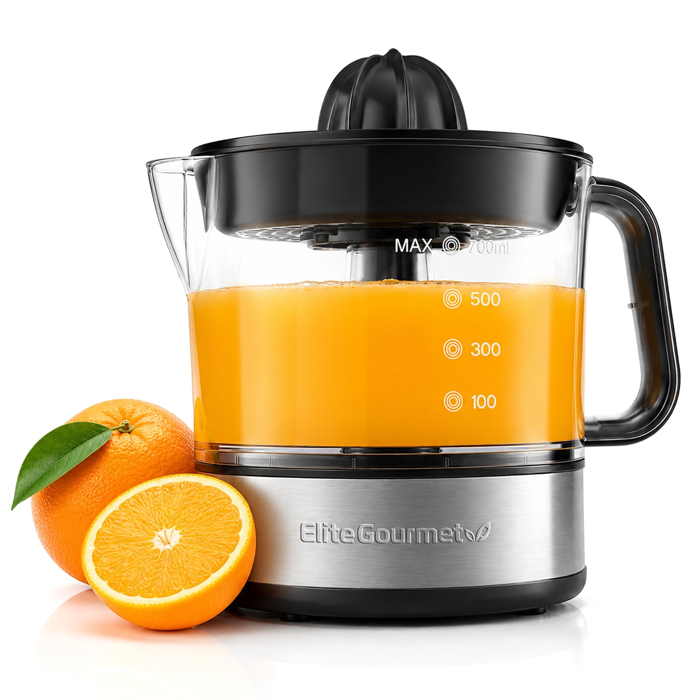 Elite Gourmet ETS623 Exprimidor eléctrico de cítricos sin BPA, compacto, de gran volumen, control de pulpa, naranjas, limones, limas, pomelos con boquilla de fácil verter, 24 onzas, negro/acero