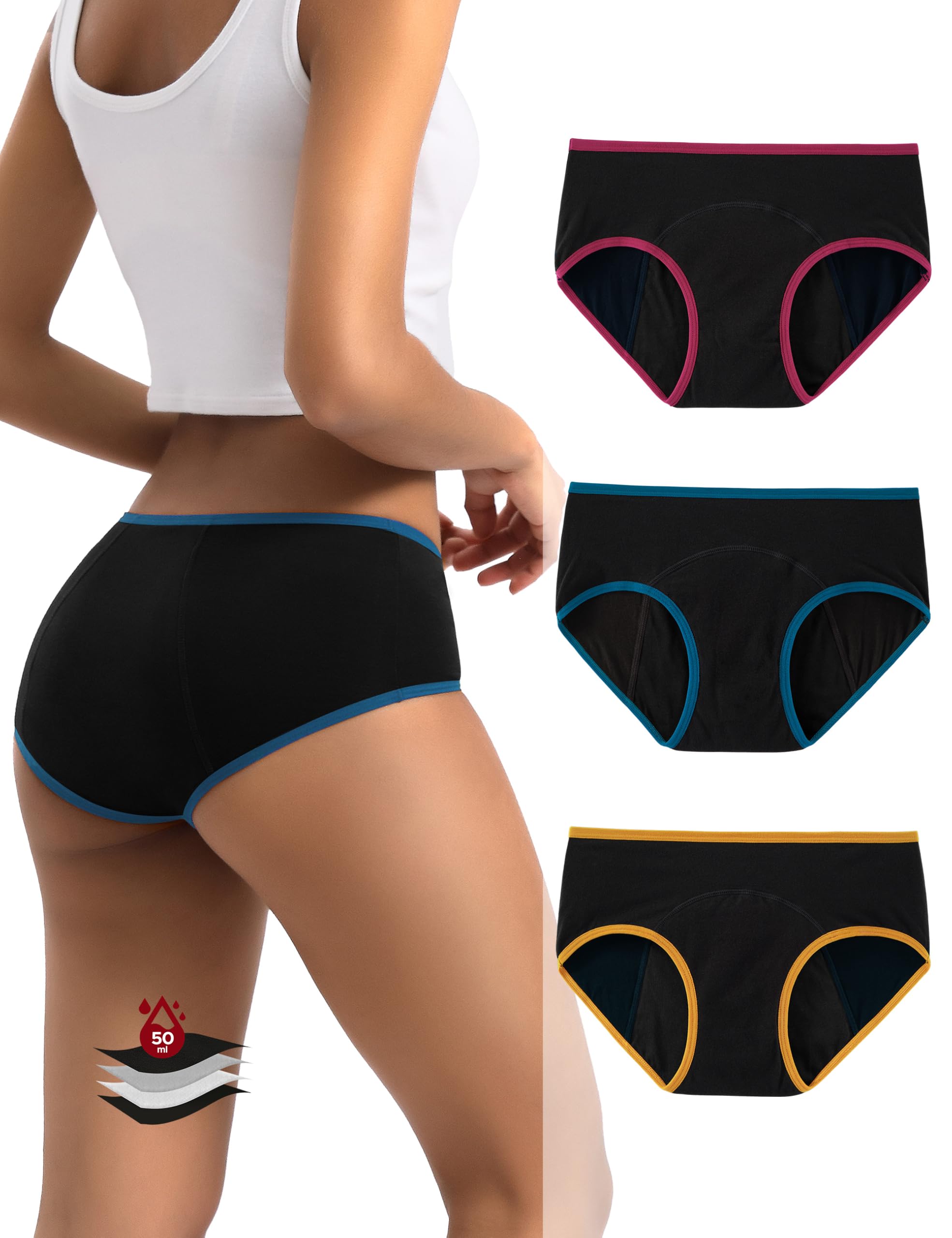 INNERSY Heavy Flow Period Underwear for Women Teens, Leak-Proof Menstrual Cotton Protective Hipster Panties 3-Pack