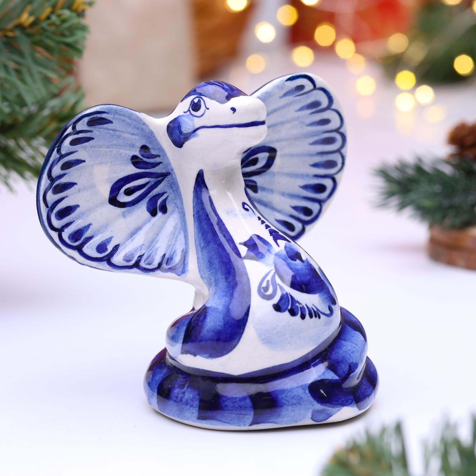 Blue and White Gzhel Porcelain Snake Figurine, Authentic Russian
