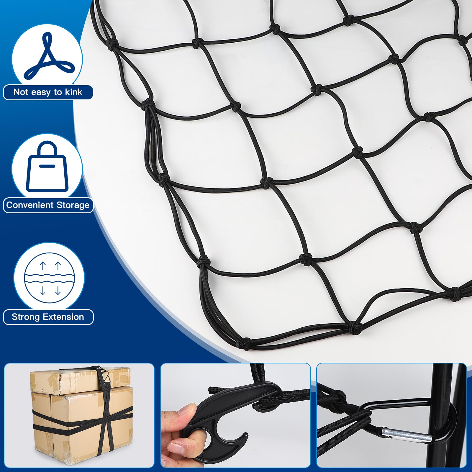 EFUTURETIME Filet à Bagages Elastique Extensible de 1,2m x 0,9m à 1,8m x 2,4m Filet Remorque avec 12 Mousquetons, 12 Crochets, 2 Sangles de Serrage avec Crochets